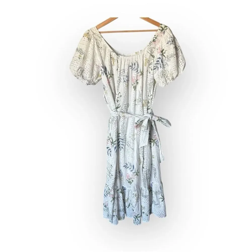 Just Me Cotton Eyelet Puff Sleeve Midi Waist Tie Tiered OffShoulder Floral Dress